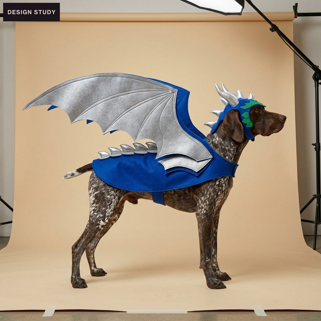 A pointer wearing a dragon costume with large silver two-tier wings and a crown cap — full body