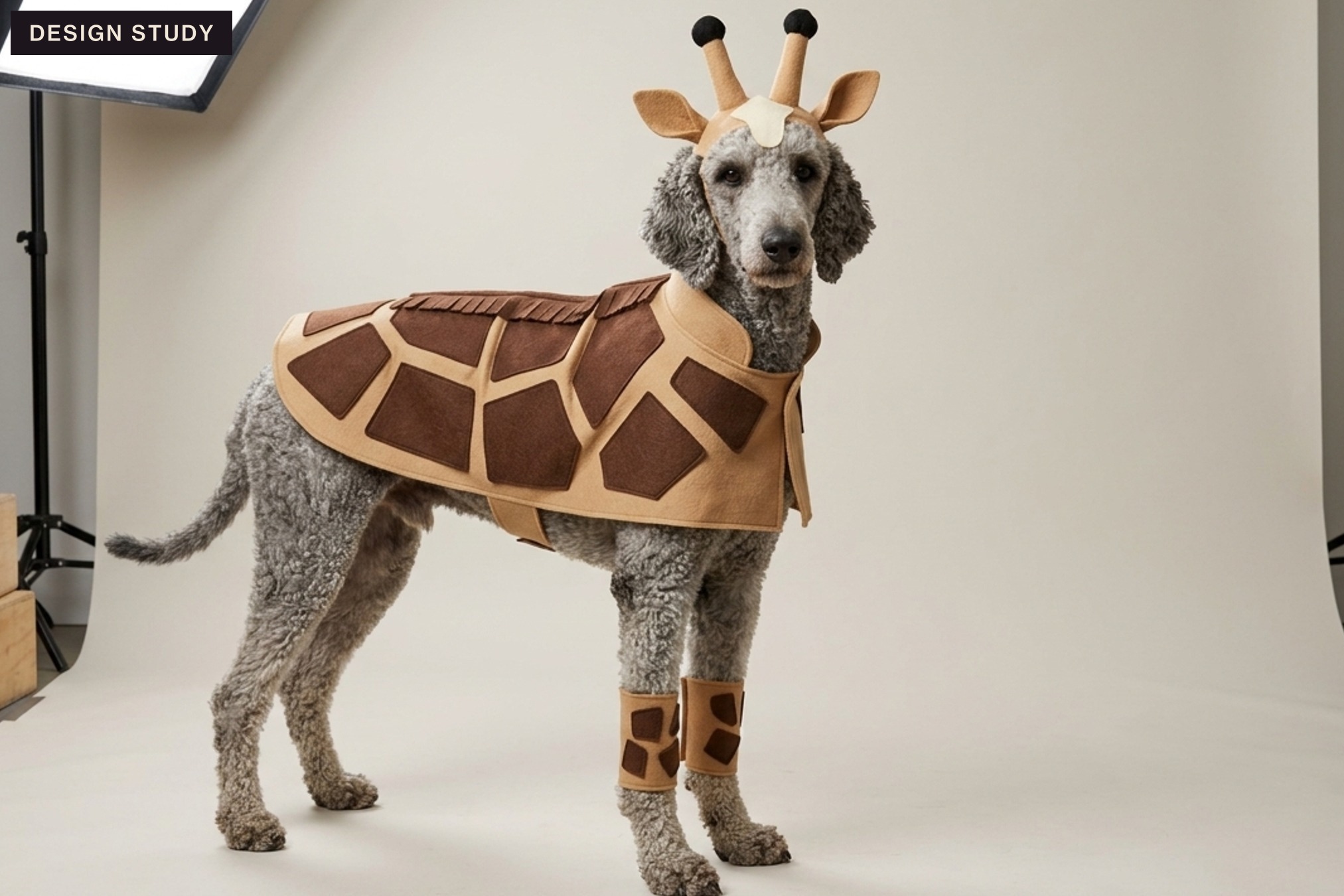 A poodle wearing a giraffe costume — a patched tan cape, leg cuffs and a horned cap — full body