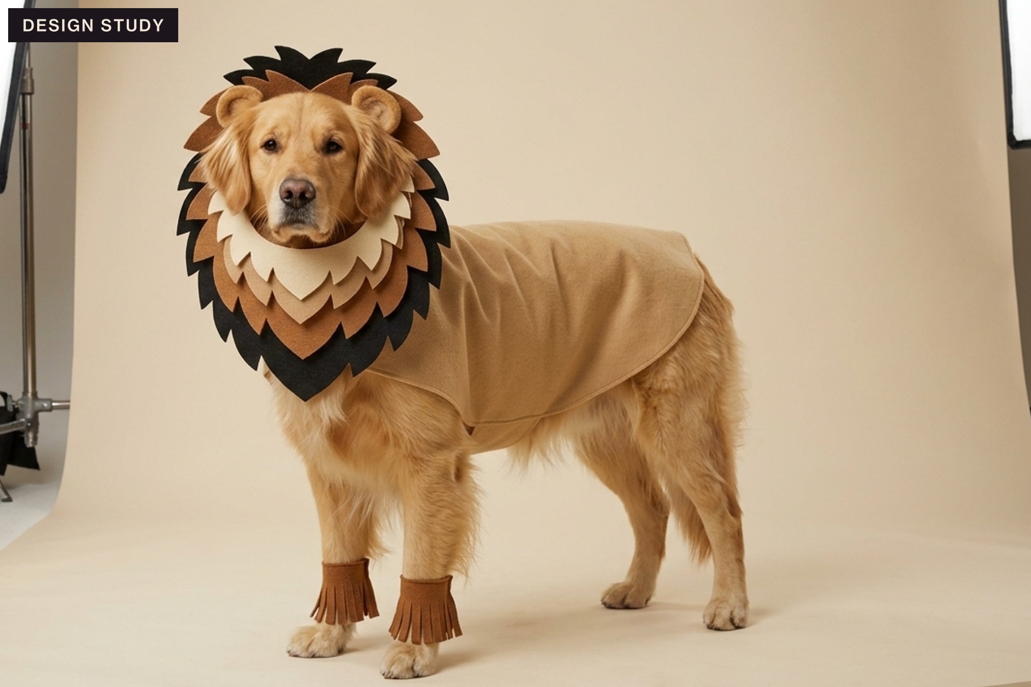 A golden retriever wearing a lion costume — a layered felt mane collar, a tan cape and fringed cuffs — full body