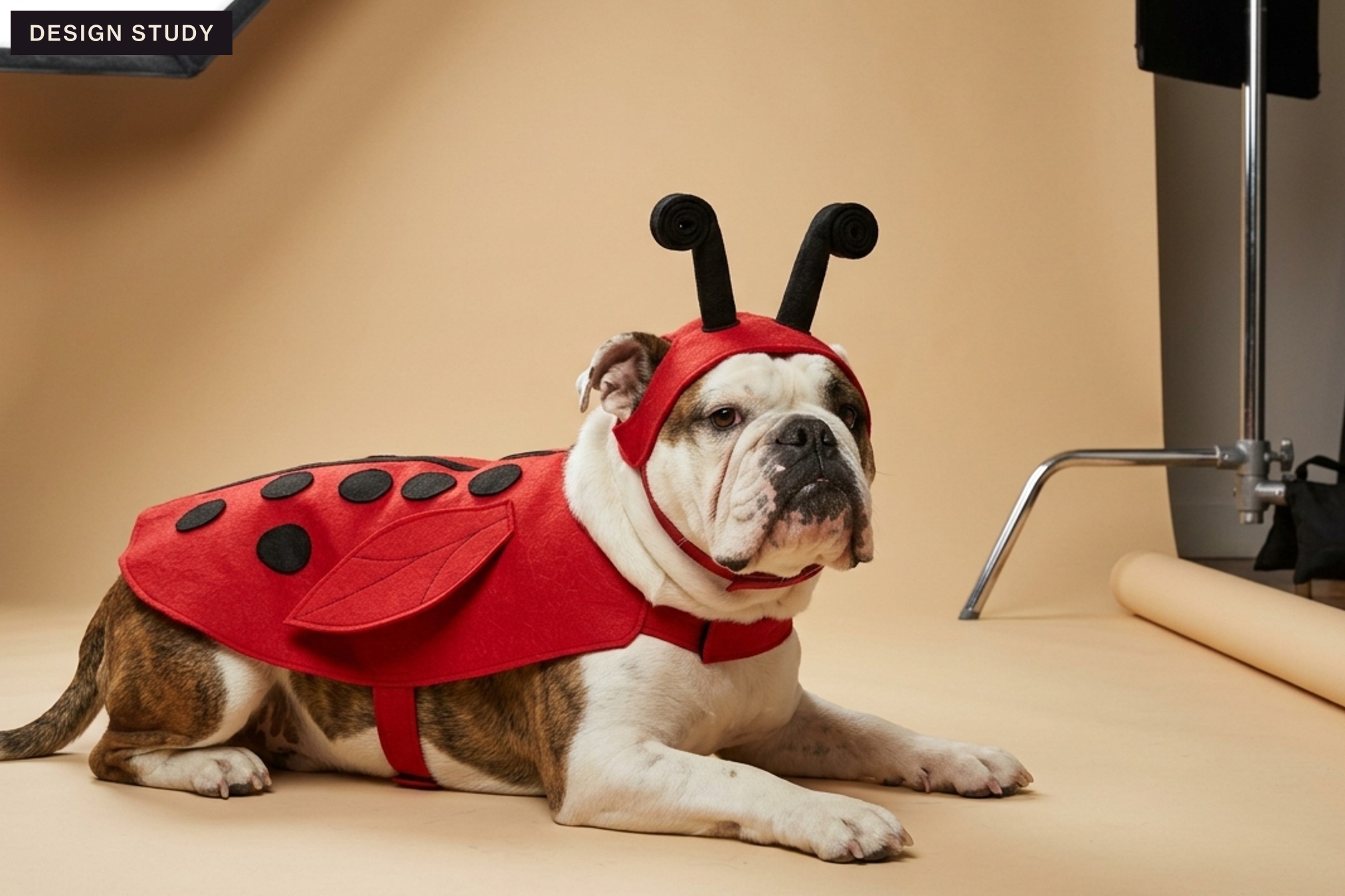 A bulldog lying down in a ladybird costume — a red spotted cape and an antenna hood — full body