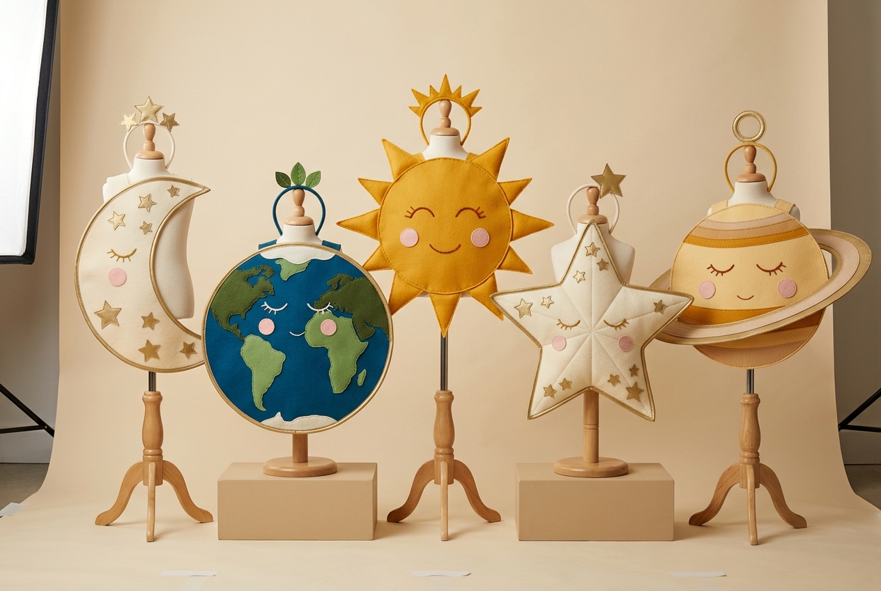 Five kids costumes on child-scale dressmaker's forms — a crescent moon, the Earth, a sun, a star and Saturn with its ring