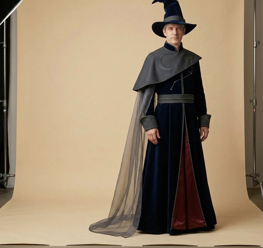 An adult in a wizard costume — a navy velvet robe, a charcoal twill mantle with a crescent moon, a wide-brimmed hat — standing in the atelier, face open, both hands visible