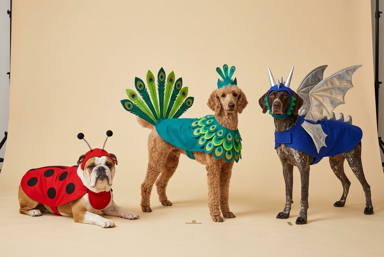 Three dogs in costume on one studio set — a bulldog as a ladybird, a poodle as a peacock, a pointer as a dragon